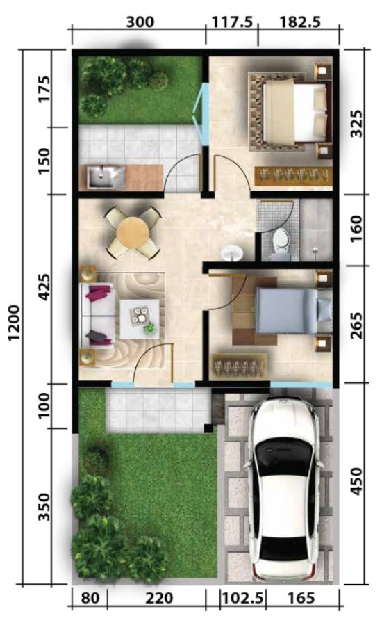  Denah  Rumah  minimalis Ukuran 6x12 meter 2  kamar  tidur  1 