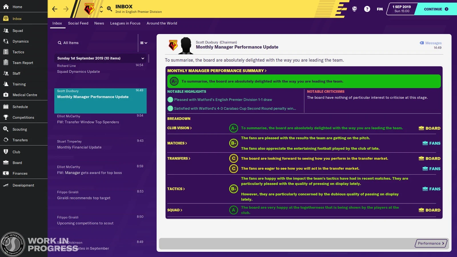 Your monthly performance update in Football Manager 2020
