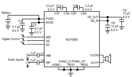 1W Audio Amplifier Using NCP2830 Circuit Diagram