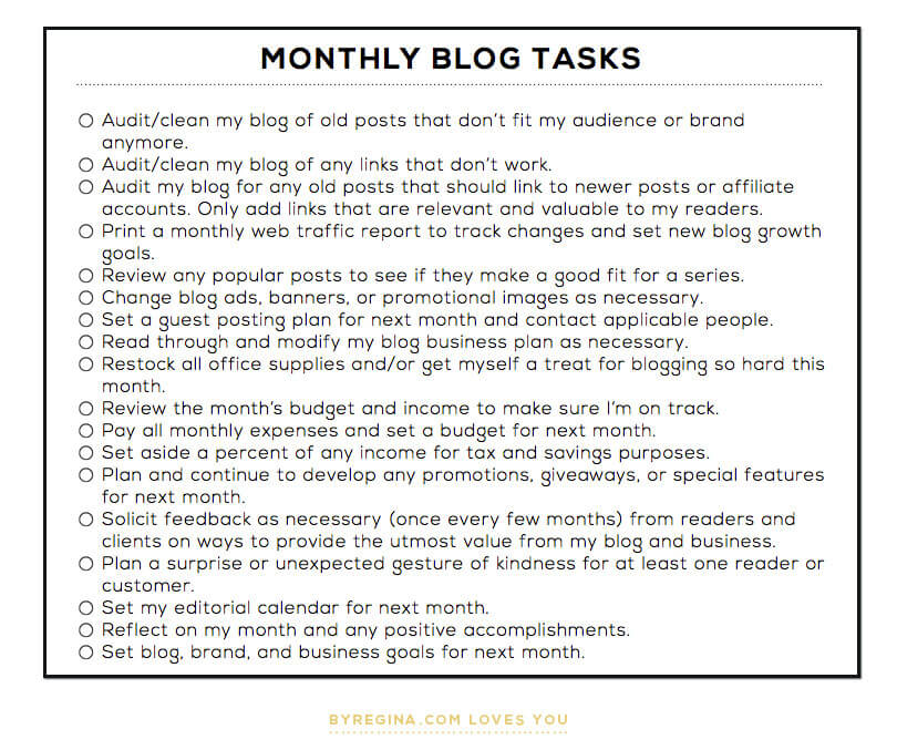 Monthly Blog Tasks Checklist 
