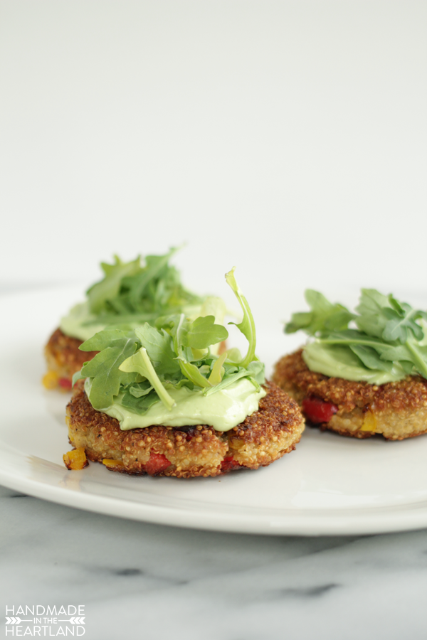 homemade little crispy quinoa patties and avocado sauce