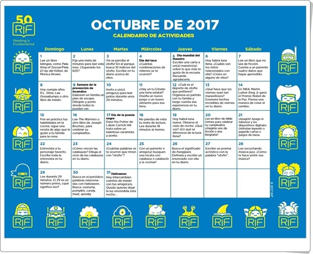 "Calendario de actividades de Octubre de 2017" (Para trabajar la lectura en español e inglés a partir de 6 años)