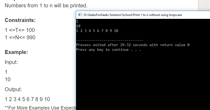 Geeksforgeeks Solution For " Print 1 to n without using loops