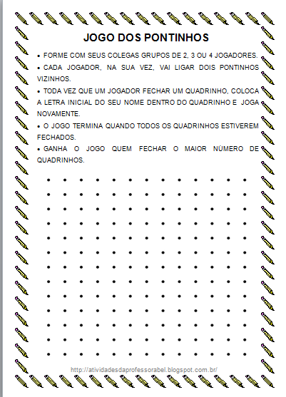 Professora Bel: Folha para o jogo dos pontinhos ( jogo da cerca)  Educação  fisica, Jogos educativos matemática, Dia da matematica