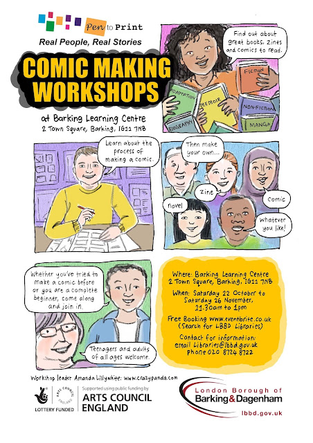A poster about reading and the process of making of comics to promote workshops in Barking learning centre.