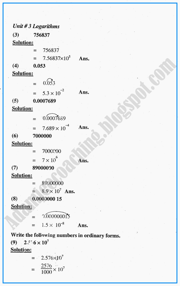 Adamjee Coaching Exercise 3.1 Logarithms Mathematics Notes for