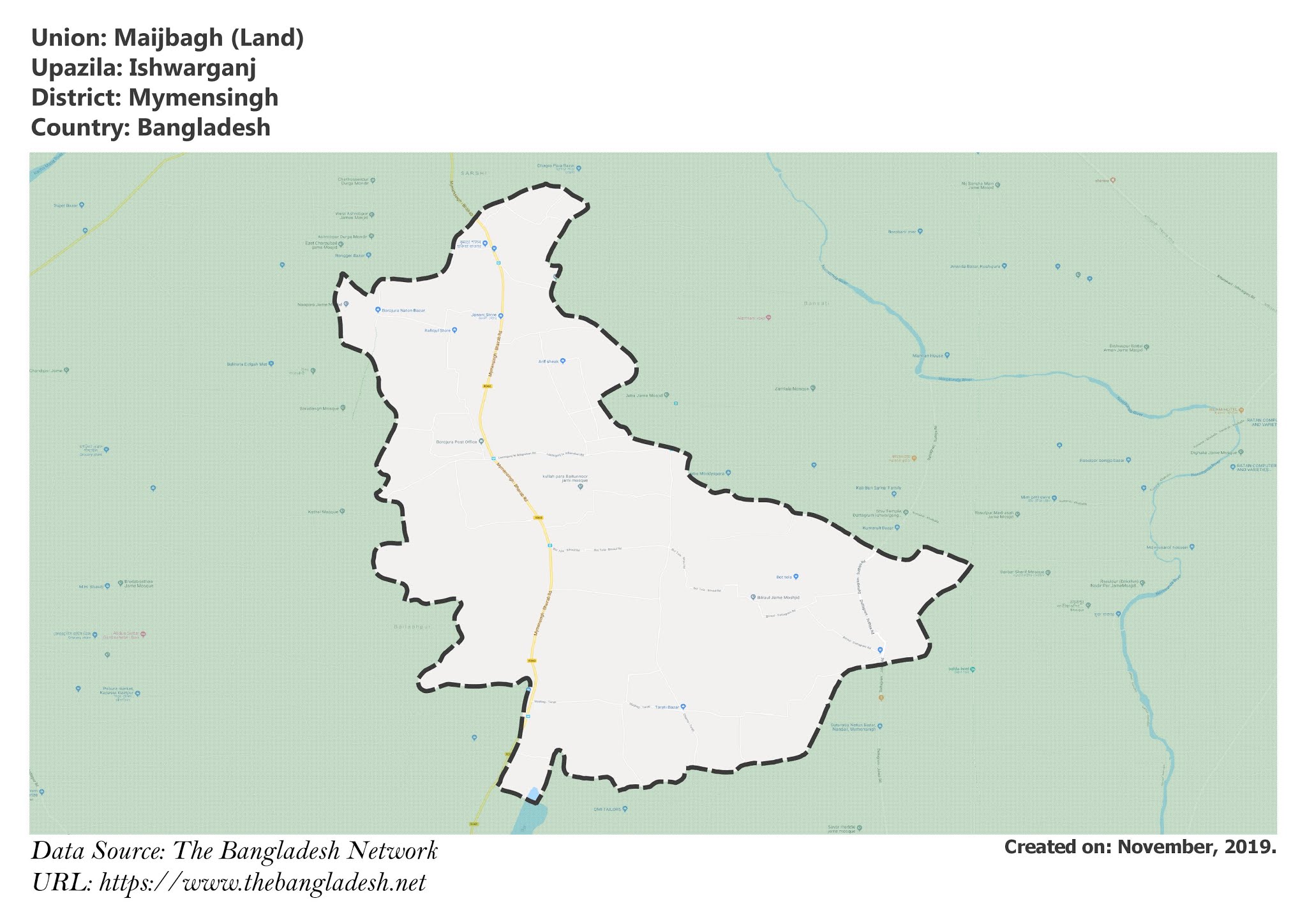 Map of Maijbagh of Mymensingh, Bangladesh.