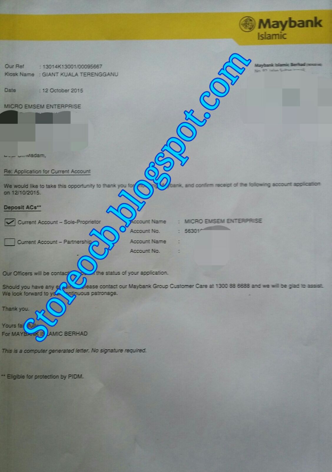 Surat Okongans Membuka Akaun Mybank