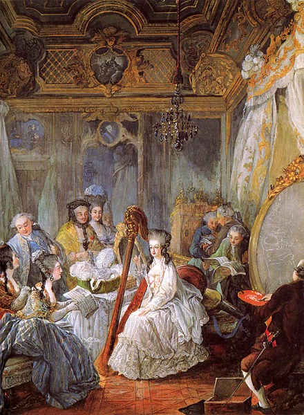 Marie Antoinette playing the harp at the French Court by Jean-Baptiste André Gautier d'Agoty, 1777