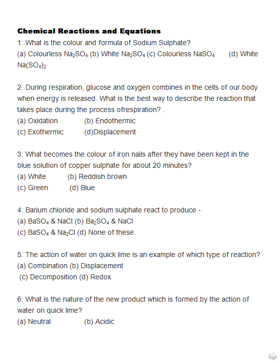 CHEMICAL REACTIONS CLASS 1O MCQ