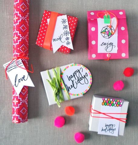 colorful pink, orange and red Christmas gift wrapping