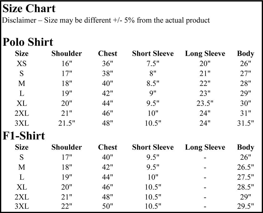 Inspire Lookz: Size Chart for Polo Shirt & F1 Uniform