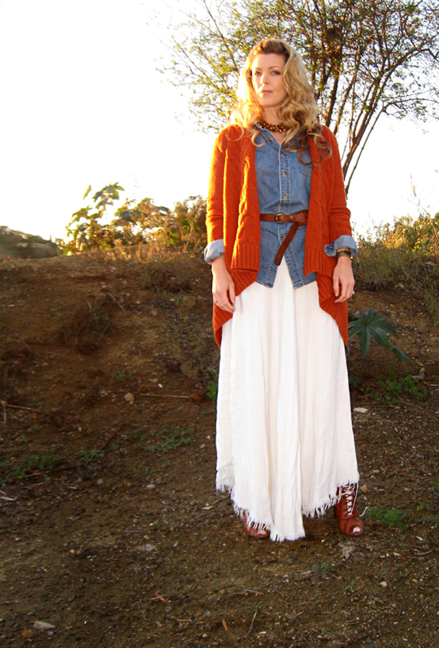 denim shirt, shredded maxi skirt