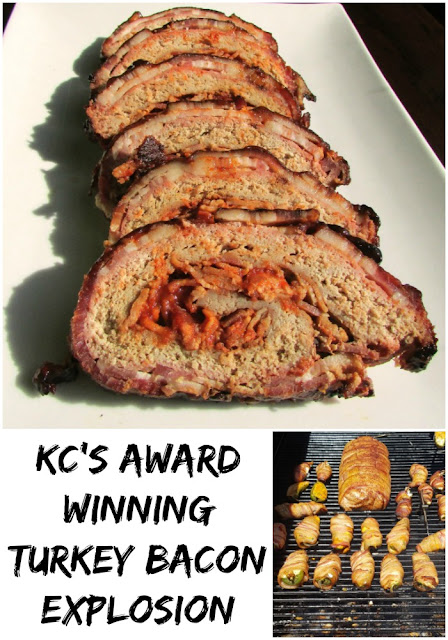 This Turkey Bacon Explosion won our family's grilling competition. It is filled with bacon and wrapped in bacon, so that doesn't hurt! It is sure to be a hit at your next BBQ as well! This bacon explosion is for the birds! It is made with turkey instead of pork. It's almost like a yummy jazzed up and rolled up meatloaf that is smoked to yummy perfection.