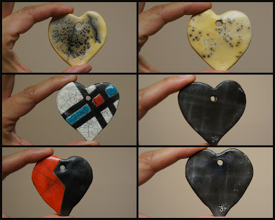 Charming raku pottery heart pendants from horsehair raku and glazed raku.