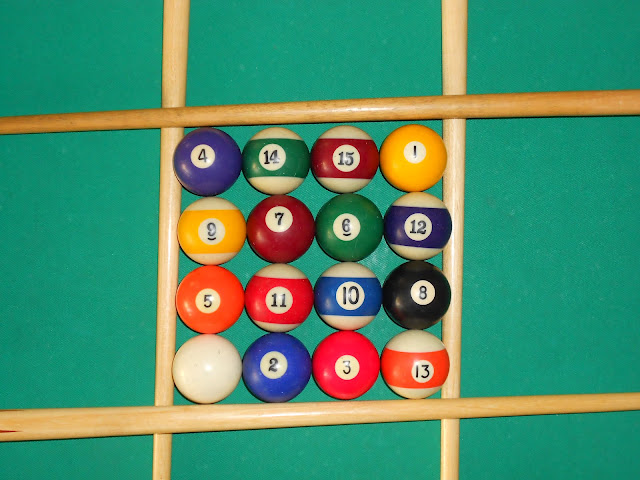 Installation of magic square 4x4 using pool balls (16 is the white ball) photo 1.
