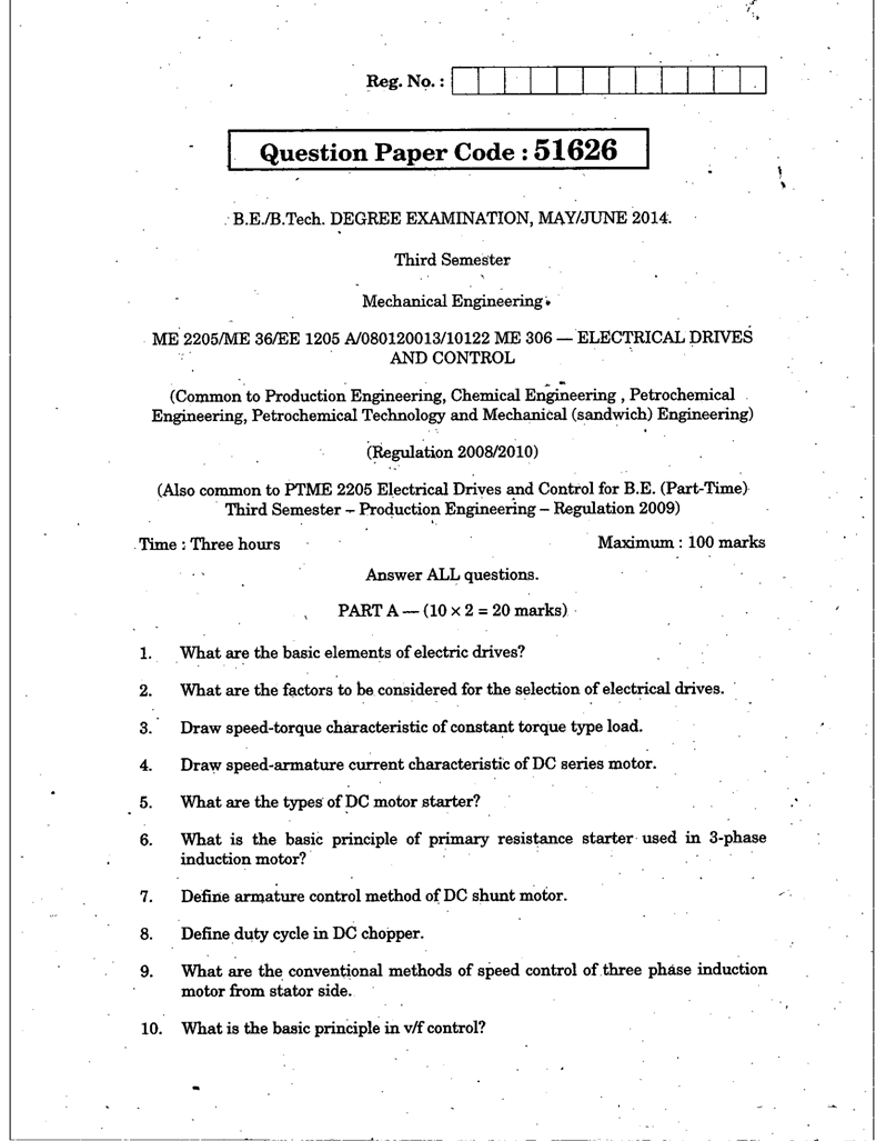 ME2205 Electrical Drives and Control May June 2014 Question Paper
