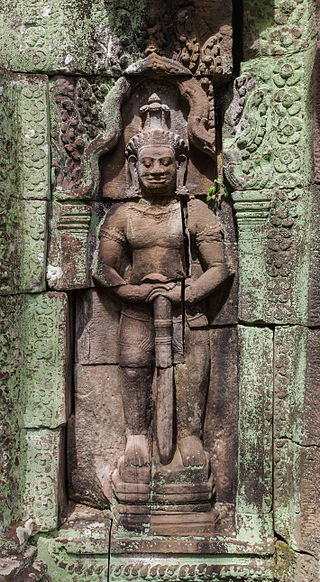 Bas-relief of a Dvarapala or door-guardian at Banteay Kdei in Angkor, Cambodia