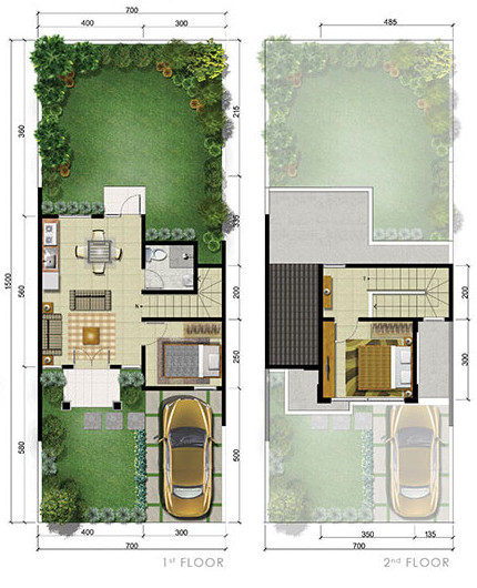 Denah rumah minimalis ukuran 7x15 meter 2 kamar tidur 2 lantai