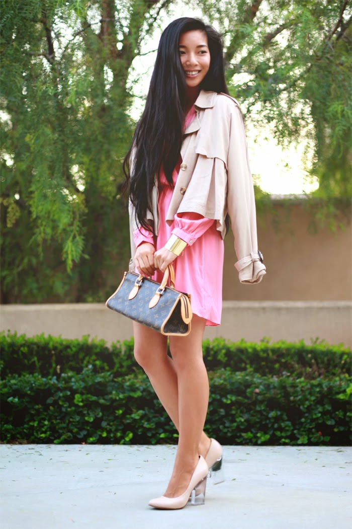 Stephanie Liu of Honey & Silk is wearing an Electric Frenchie wrap dress with Nasty Gal cropped trench and Shoe Cult minx pumps. Help vote for the look on Chictopia's front page!