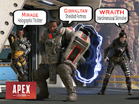 apex legends wallpaper, mirage gibraltar and wraith in action with their tools.