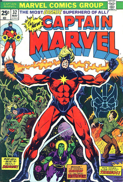 Captain Marvel #32 marvel 1970s bronze age comic book cover art by Jim Starlin Captain Marvel #32 marvel 1970s bronze age comic book cover art by Jim Starlin