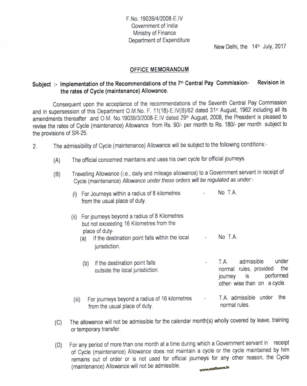 7th CPC Allowances Order Revision of rates of Cycle (maintenance