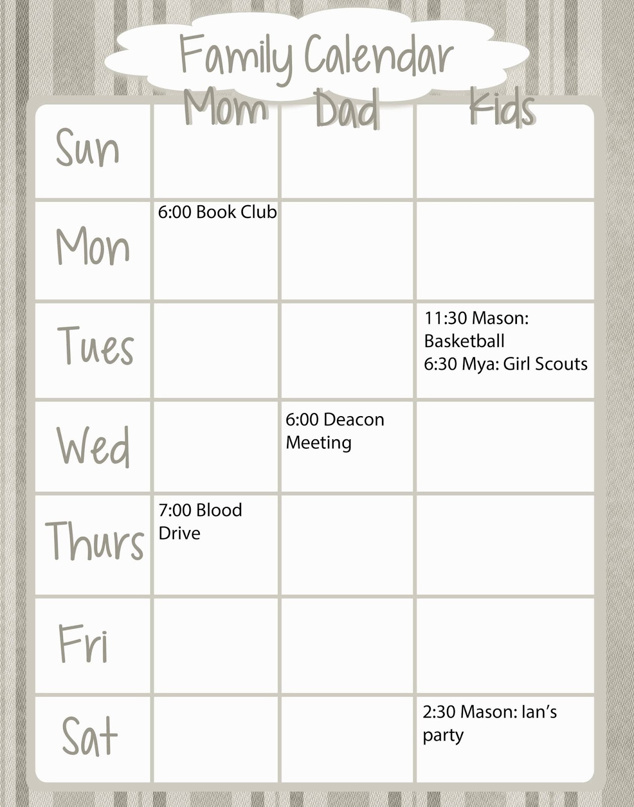 Family Calendar Free Printable