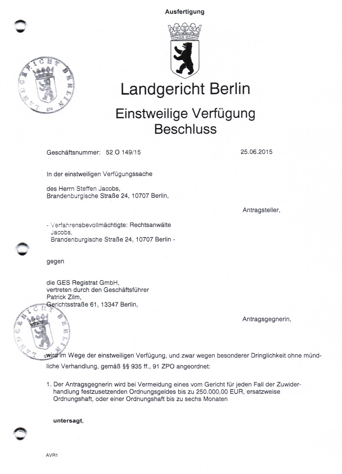 Abmahnung Berlin - Rechtsanwalt für Abmahnungen: Einstweilige Verfügung wegen Verstoßes gegen ...