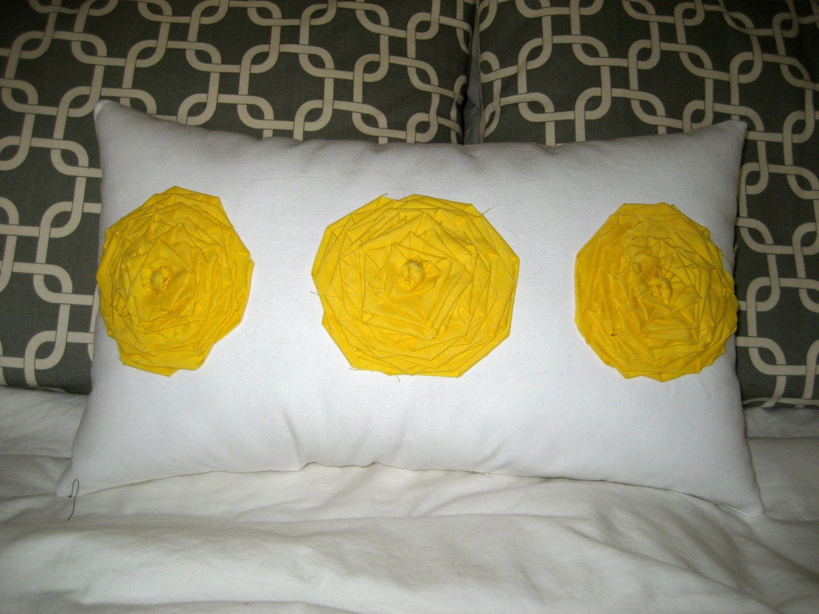 GraceAdkinsDesigns Yellow Fabric Flowers On White Lumbar Pillow