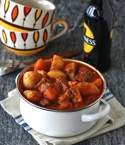 peppery irish beef stew with bay leaf, black pepper, and other spices and herbs