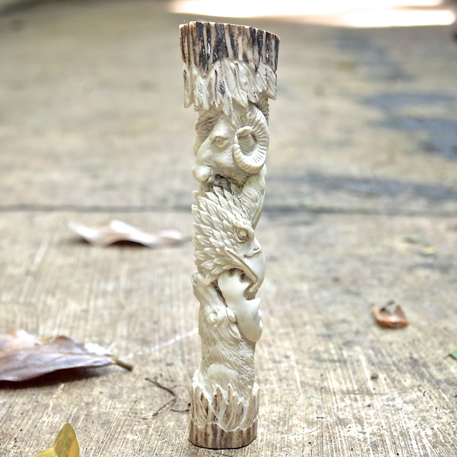 Carved Antler Knife Handle 6" Animals Amulet Carving Eagle Horse Bear