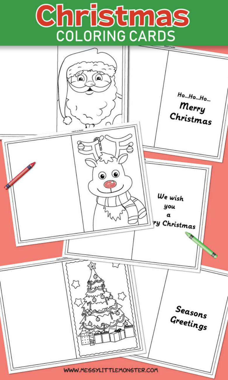 You are going to love these printable christmas cards to color. There are 3 different Christmas coloring cards for you to choose from, Santa, Rudolf or a Christmas tree.