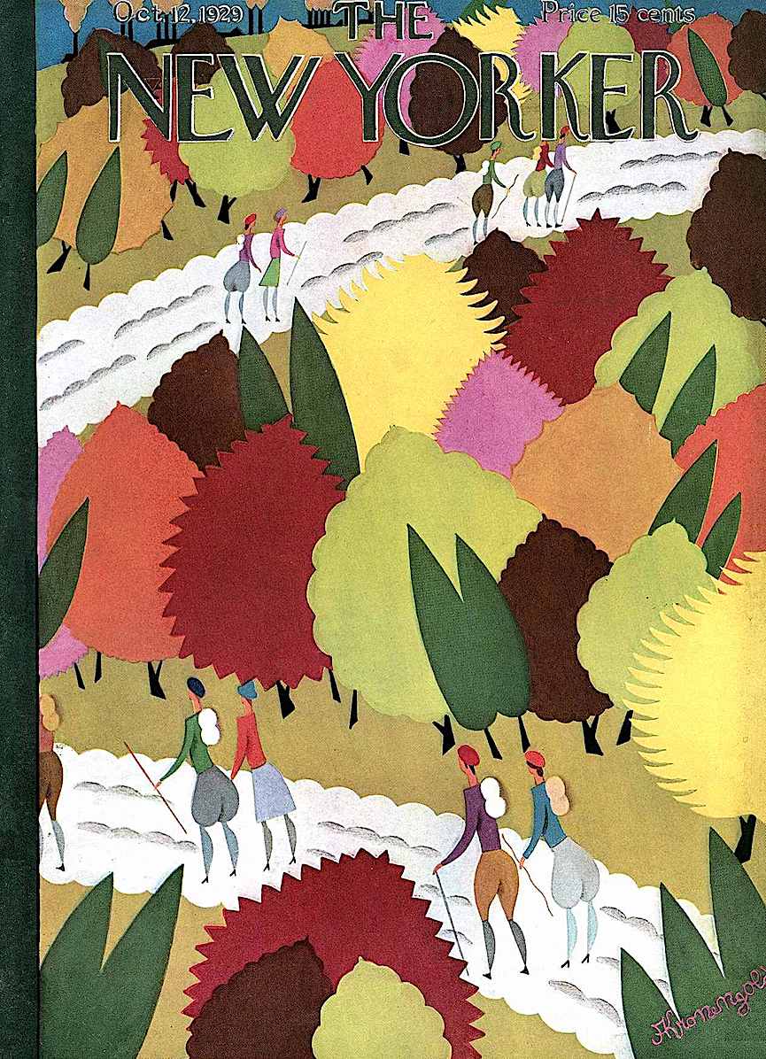 Adolph K. Kronengold Oct 12 1929 New Yorker magazine cover by Adolph K. Kronengold, walking in autumn woods