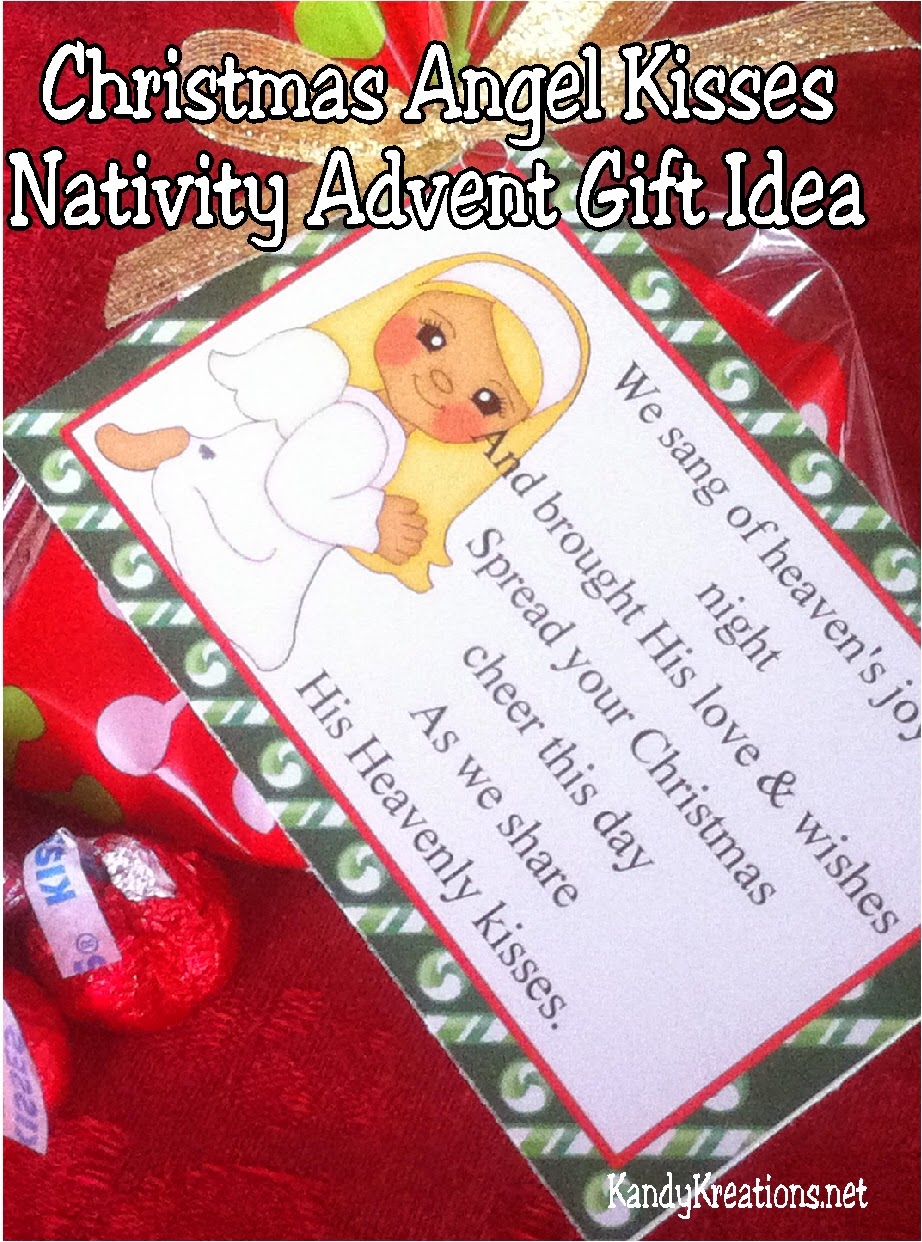 Looking for a great Christmas gift idea for friends and neighbors? This Nativity Advent gift idea has 12 days of sweet treats, poems and gifts to bring Christ into Christmas in a fun way. Day nine has a Christmas angel bringing heavenly kisses from on high. #christmas #advent #christmasangel #countdown #bagtopper #diypartymomblog