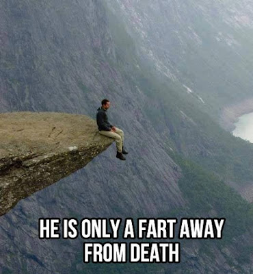 fart comic, fart away from death, memes, mountain meme, guy on edge of cliff