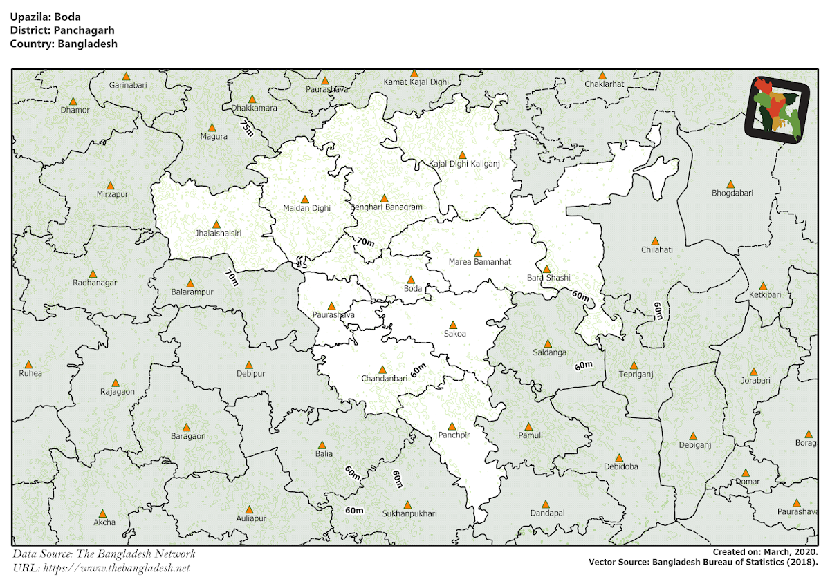 Boda Upazila Elevation Map Panchagarh District Bangladesh