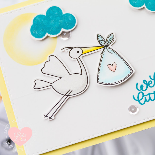 Welcome Little One Card - Flying Stork on a Sliding Track by Ilovedoingallthingscrafty