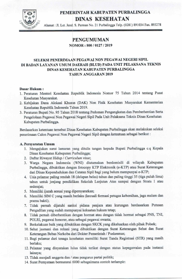 Lowongan Kerja Lowongan Kerja Non Pns Dinkes Purbalingga 2019