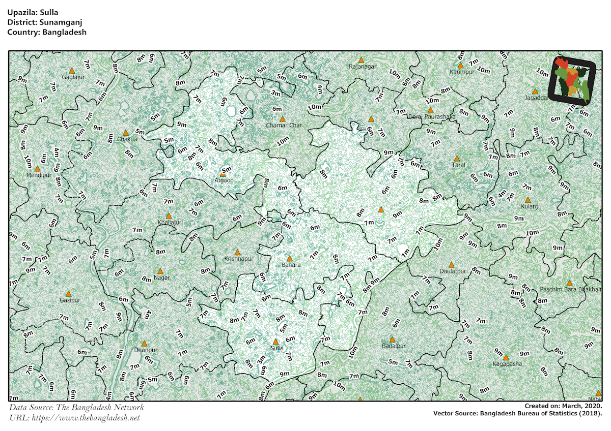 Sullah Upazila Elevation Map Sunamganj District Bangladesh