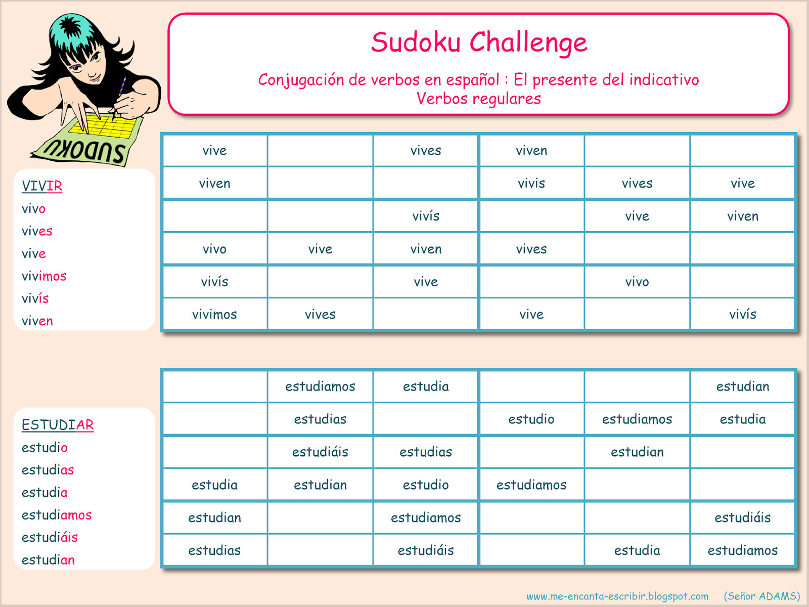 Me encanta escribir Sudoku Challenge : presente del indicativo