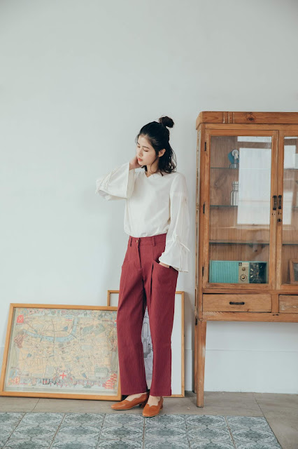 長腿先生口袋造型長褲-酒紅朱雀