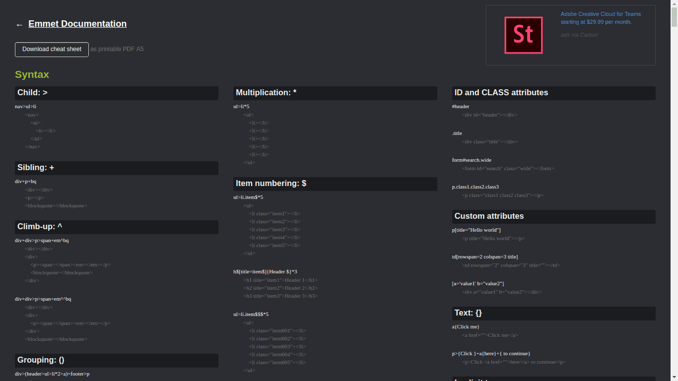 emmet shortcuts list, cheat sheet, write html and css fast, emmet for sublime
