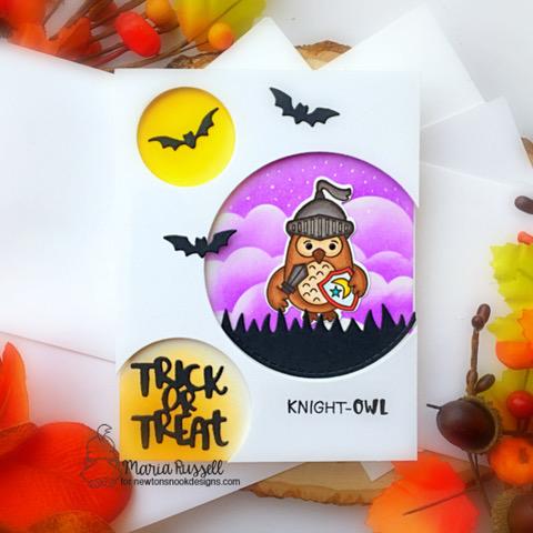 Knight Owl Halloween Card by Maria Russell | Knight Owl Stamp Set, Circle Frames Die Set, Halloween Trio Die Set and Clouds Stencil by Newton's Nook Designs #newtonsnook #handmade
