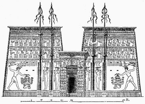 Typický chrámový pylon/publikováno z http://karenswhimsy.com/ancient-egyptian-temples.shtm