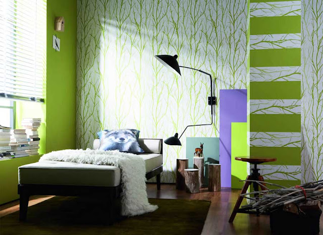 Tapeten-ideen-schlafzimmer-modern-grün-mit-einem-Ast-Motiv