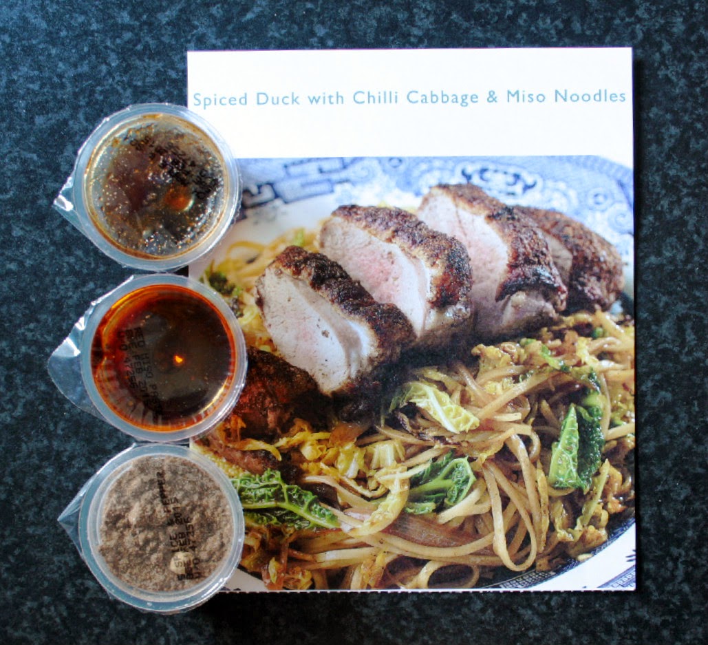 Spiced duck with chilli cabbage and miso noodles - another treat from the folks at Simply Cook (and my favourite one yet).  All the herbs and spices you need are included in the recipe kit, just add the fresh ingredients!