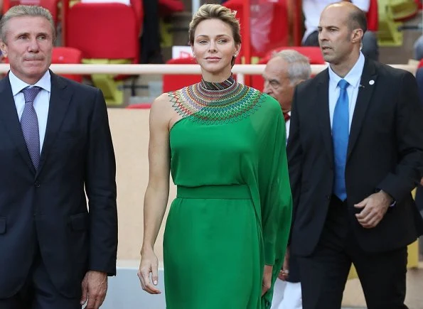 Princess Charlene wore Roland Mouret Henleigh one-shoulder crepe-jersey gown at Louis II Stadium