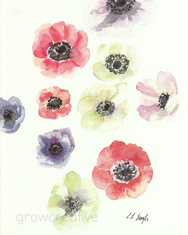 Original Watercolor Anemone Flowers Painting by Elise Engh