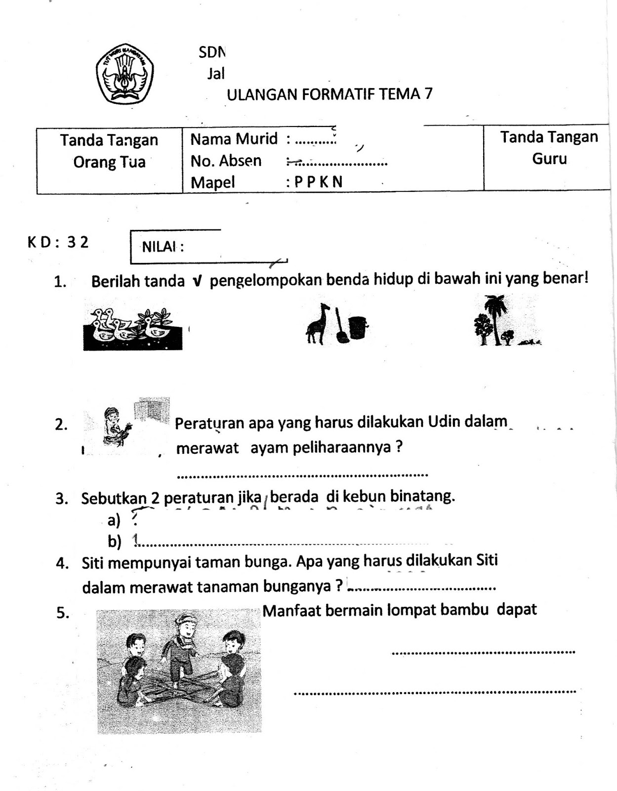 Formatif Tema 7 PPKN SD Kelas 1 TA 2015 2016 Kurikulum2013